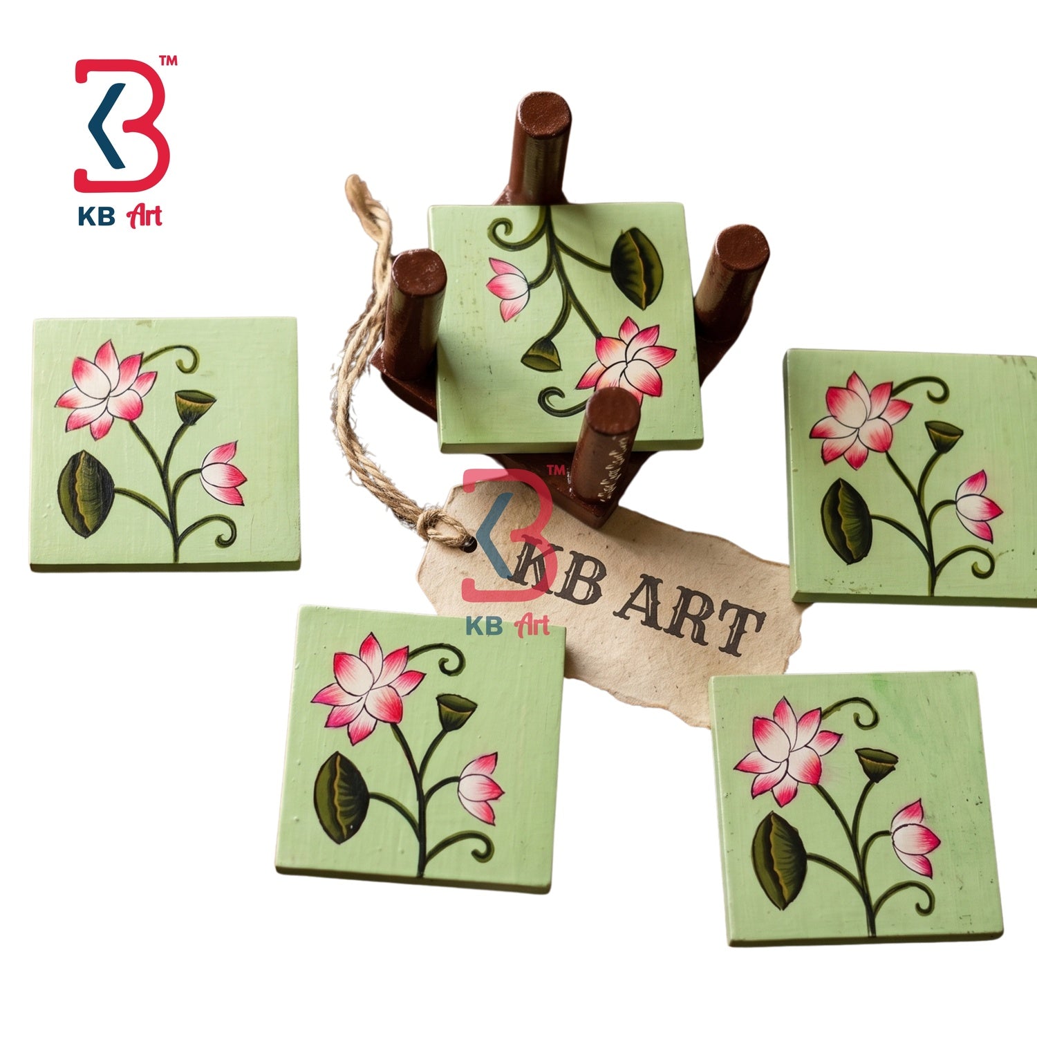 KB ART Wooden Pichwai Floral Tea Coaster - Front View of Handcrafted Detailing - Handcrafted Wooden Decor Jodhpur