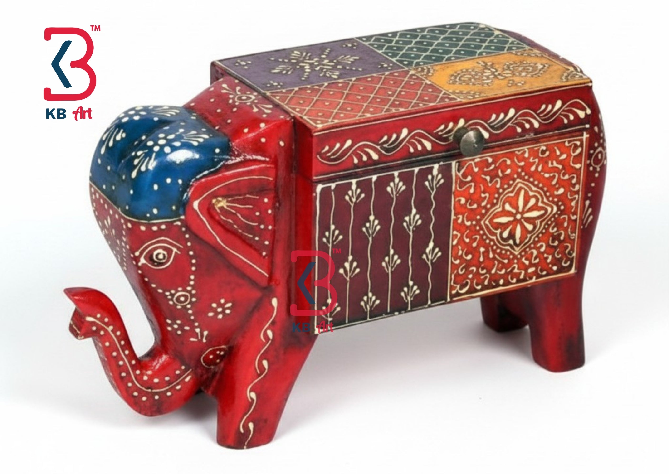 KB ART Wooden Elephant Box - Front View of Handcrafted Detailing - Handcrafted Wooden Decor Jodhpur