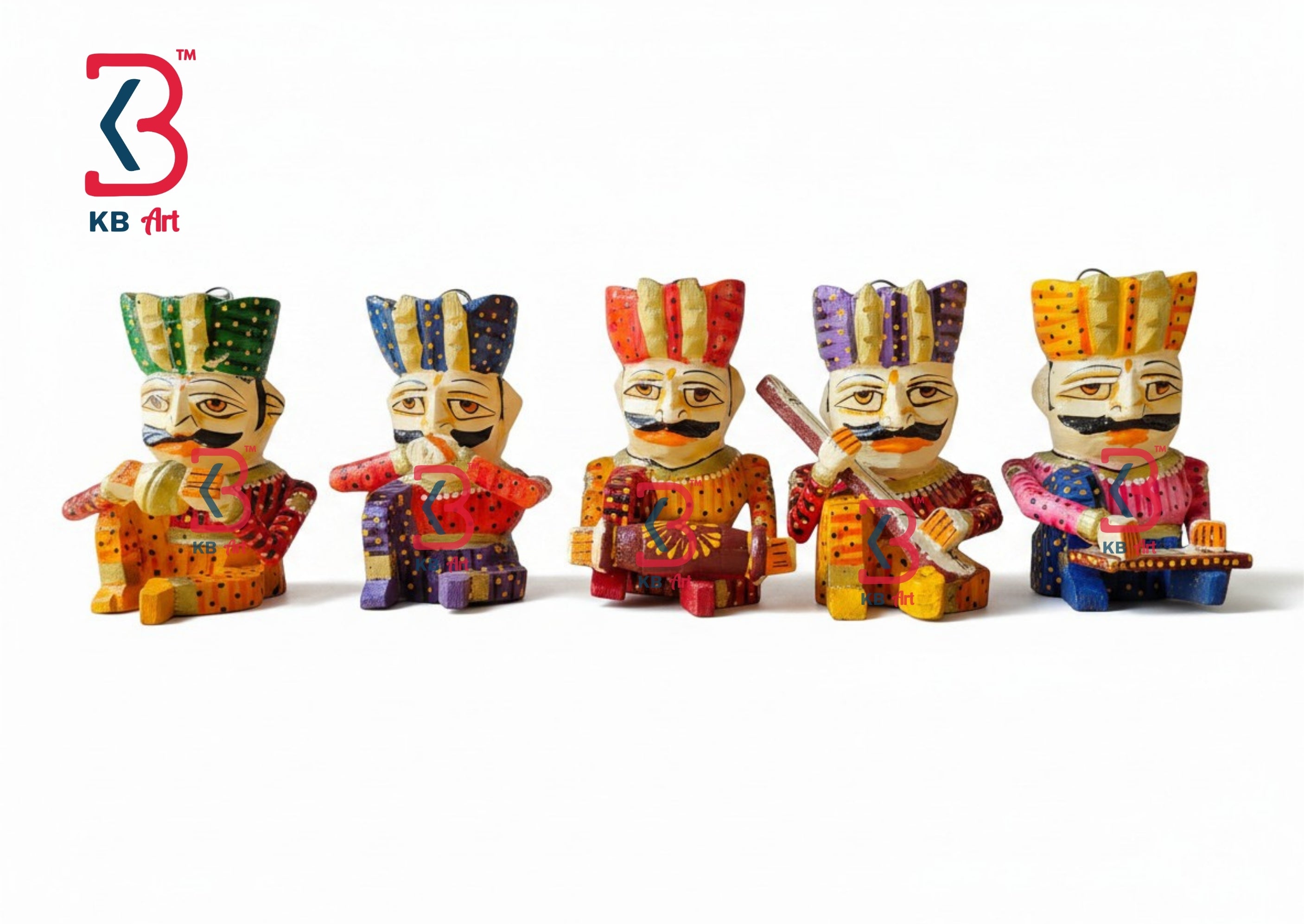 KB ART Hand Painted Musician Set - Front View of Handcrafted Detailing - Handcrafted Wooden Decor Jodhpur