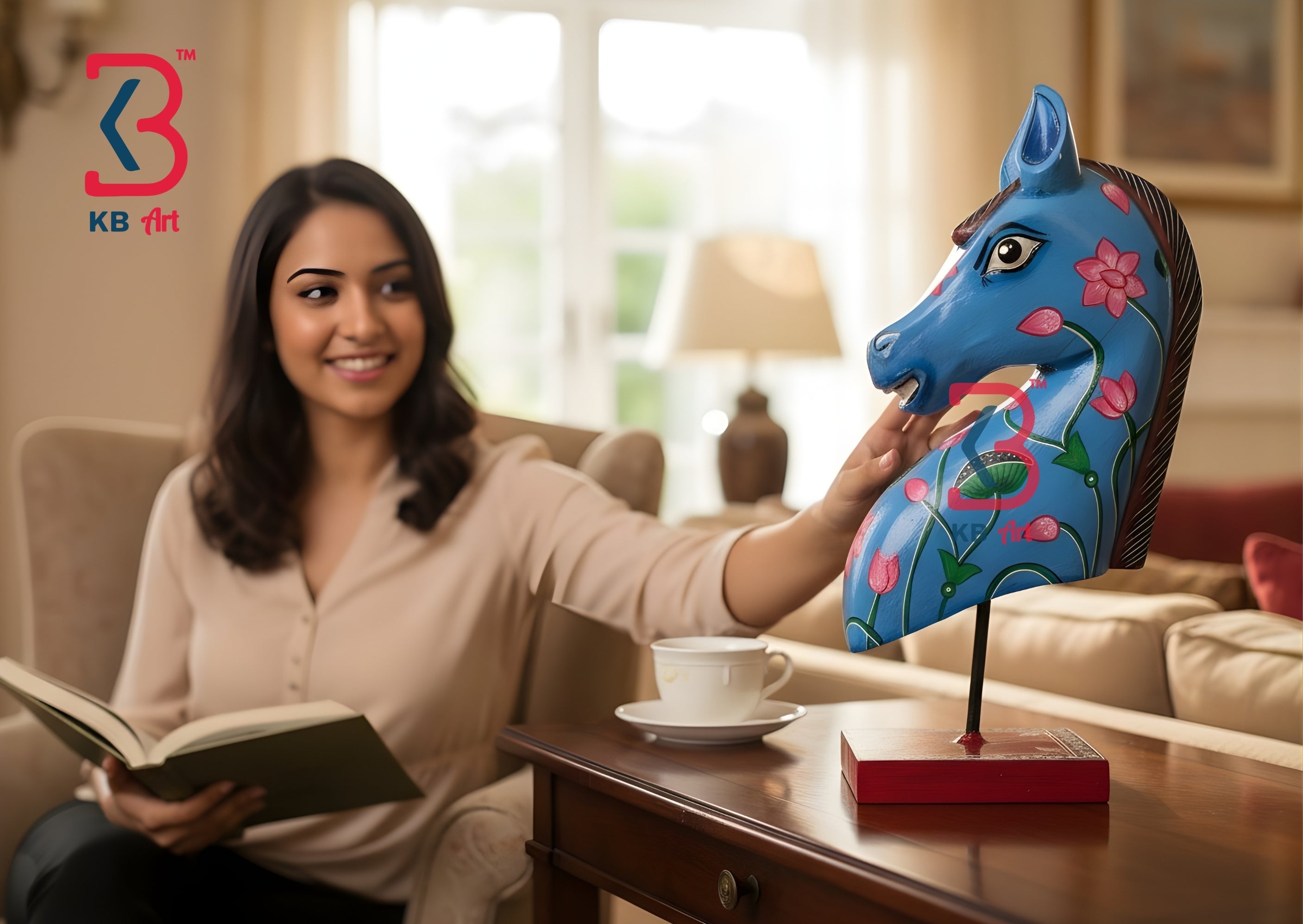 KB ART Blue Lotus Painted Horse Head Sculpture - Styled Display in Home Interior Setting - Handcrafted Wooden Decor Jodhpur