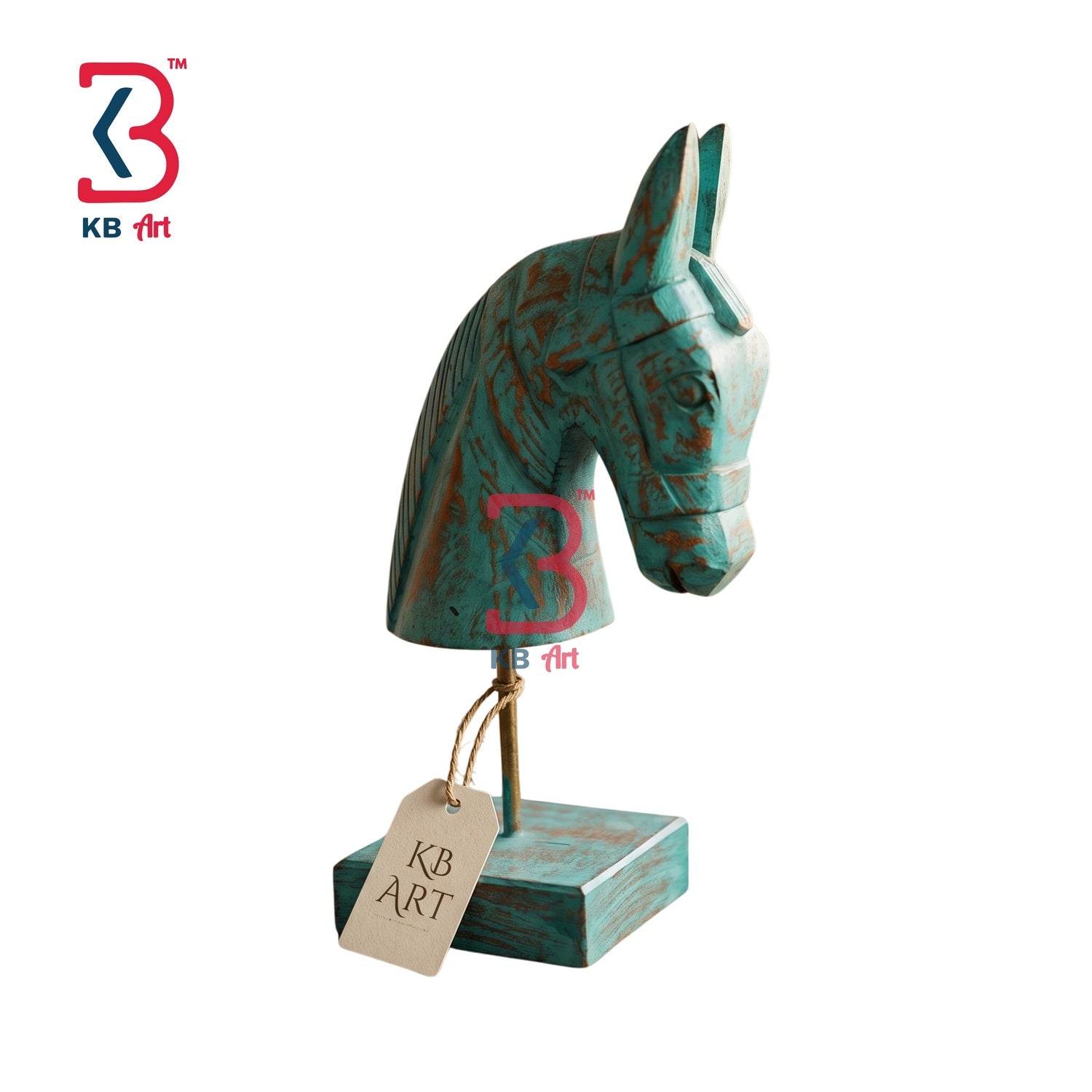 KB ART Rustic Turquoise Horse Head Wooden Statue - Front View of Handcrafted Detailing - Handcrafted Wooden Decor Jodhpur