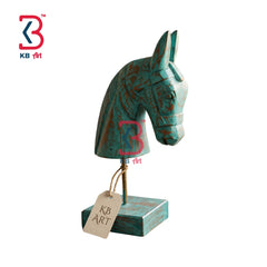 KB ART Rustic Turquoise Horse Head Wooden Statue - Front View of Handcrafted Detailing - Handcrafted Wooden Decor Jodhpur