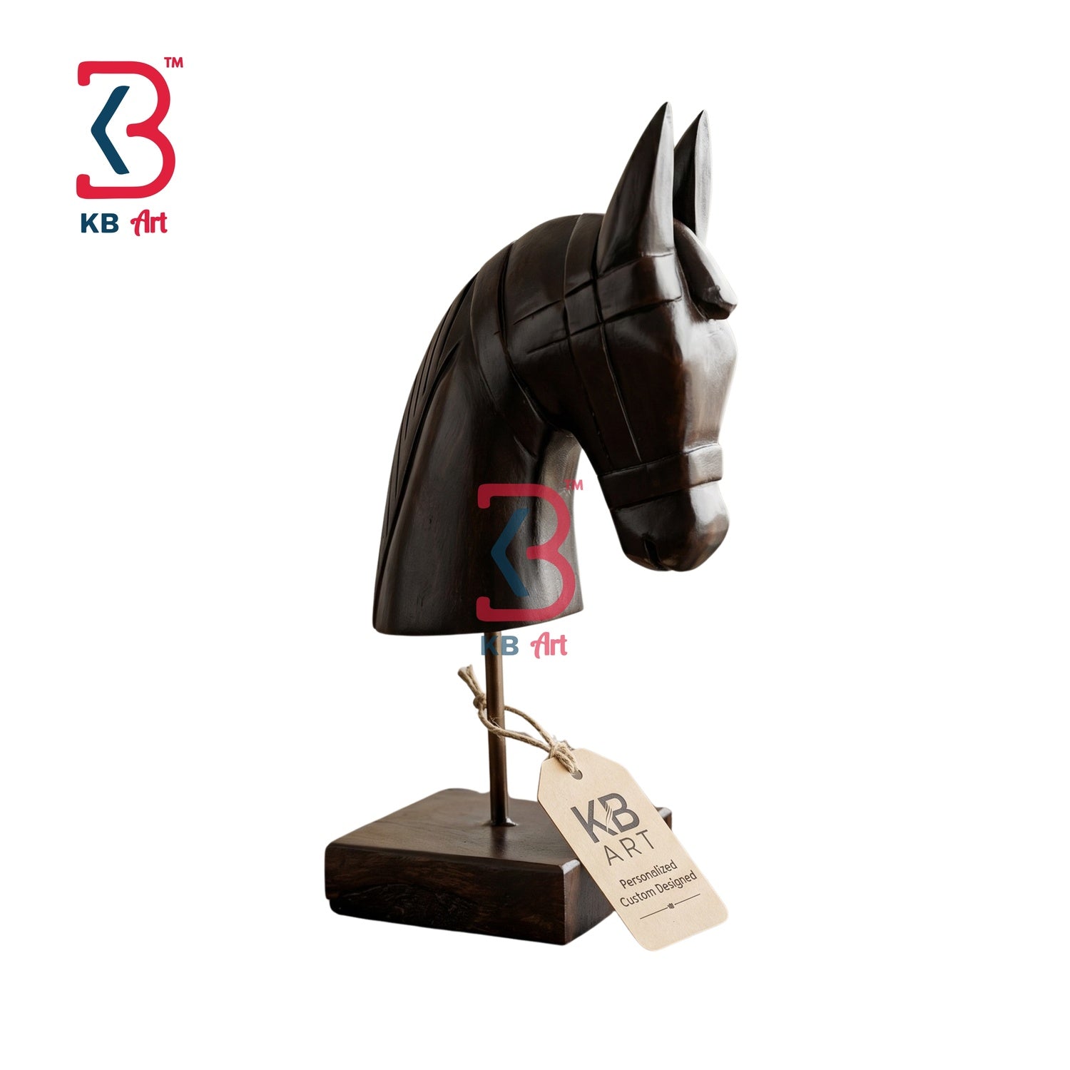 KB ART Dark Espresso Horse Head Wooden Carving - Front View of Handcrafted Detailing - Handcrafted Wooden Decor Jodhpur