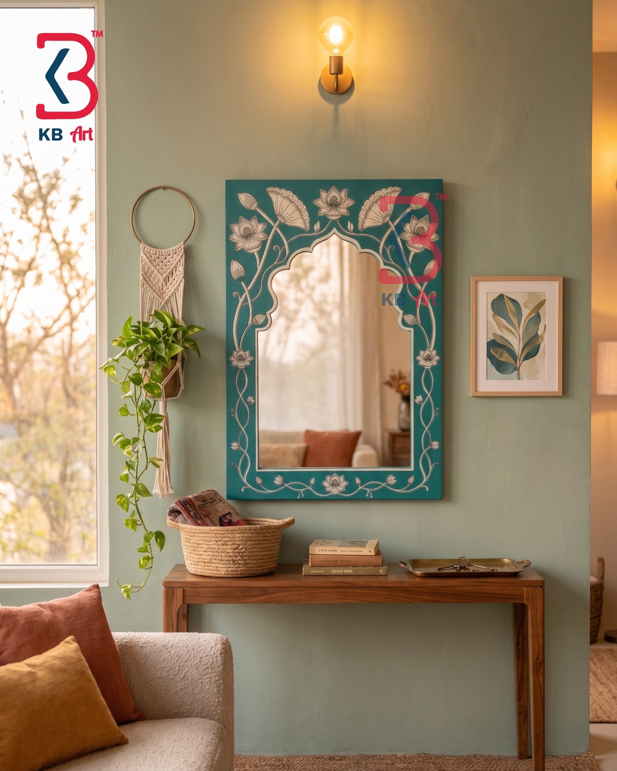 A decorative arched wall mirror with a teal blue floral frame hangs on a sage green wall above a wooden console table in a styled living room setting.