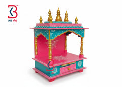 KB ART Pink Teal Wooden Pooja Mandir Temple - Front View of Handcrafted Detailing - Handcrafted Wooden Decor Jodhpur