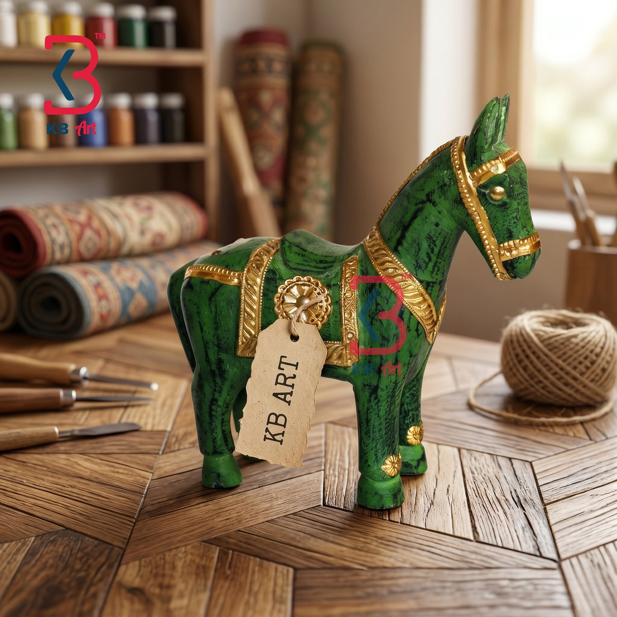 KB ART Green Wooden Brass Horse - Front View of Handcrafted Detailing - Handcrafted Wooden Decor Jodhpur