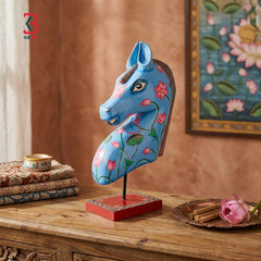 KB ART Blue Lotus Painted Horse Head Sculpture - Close-Up of Hand-Carved Artisan Texture - Handcrafted Wooden Decor Jodhpur