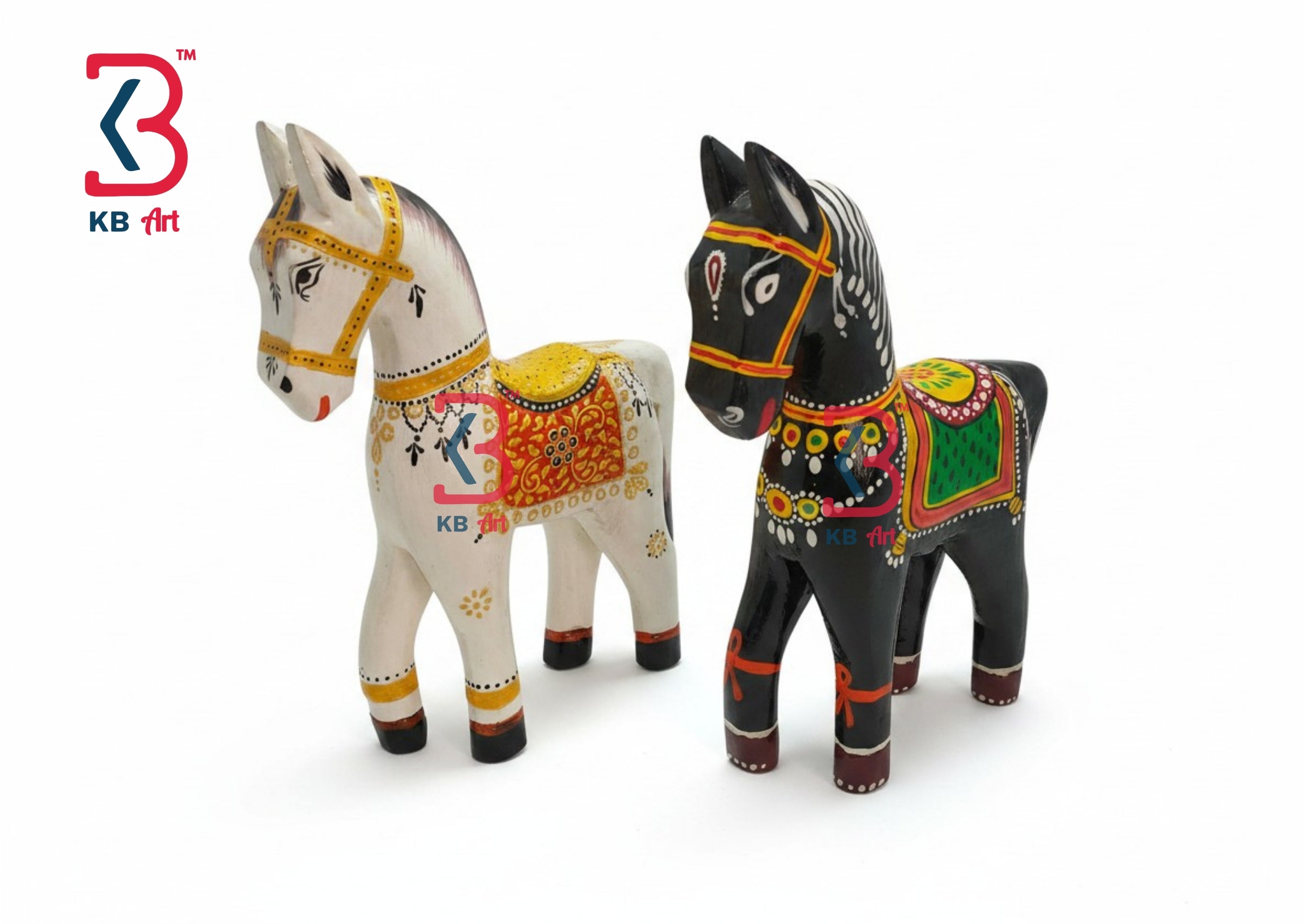 KB ART Traditional Painted White Black Horse Set - Front View of Handcrafted Detailing - Handcrafted Wooden Decor Jodhpur