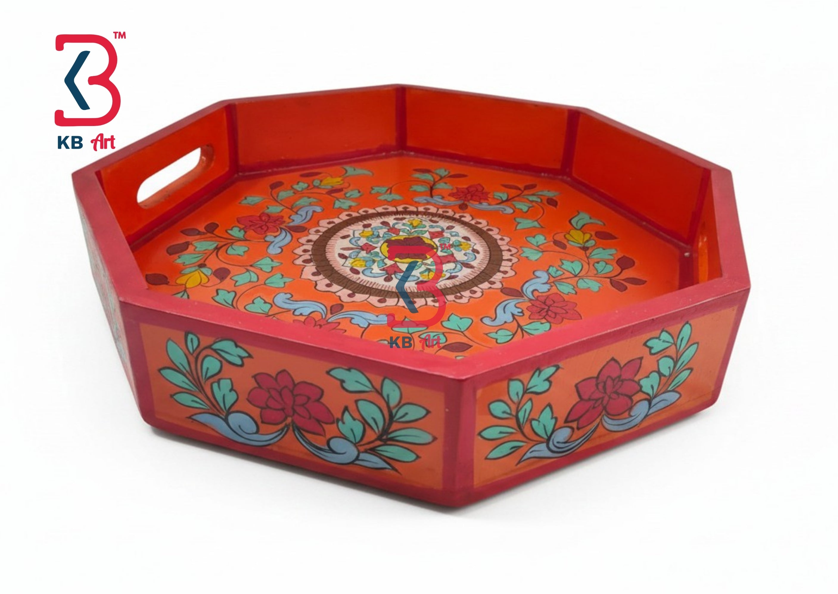 KB ART Orange Floral Octagonal Wooden Serving Tray - Front View of Handcrafted Detailing - Handcrafted Wooden Decor Jodhpur