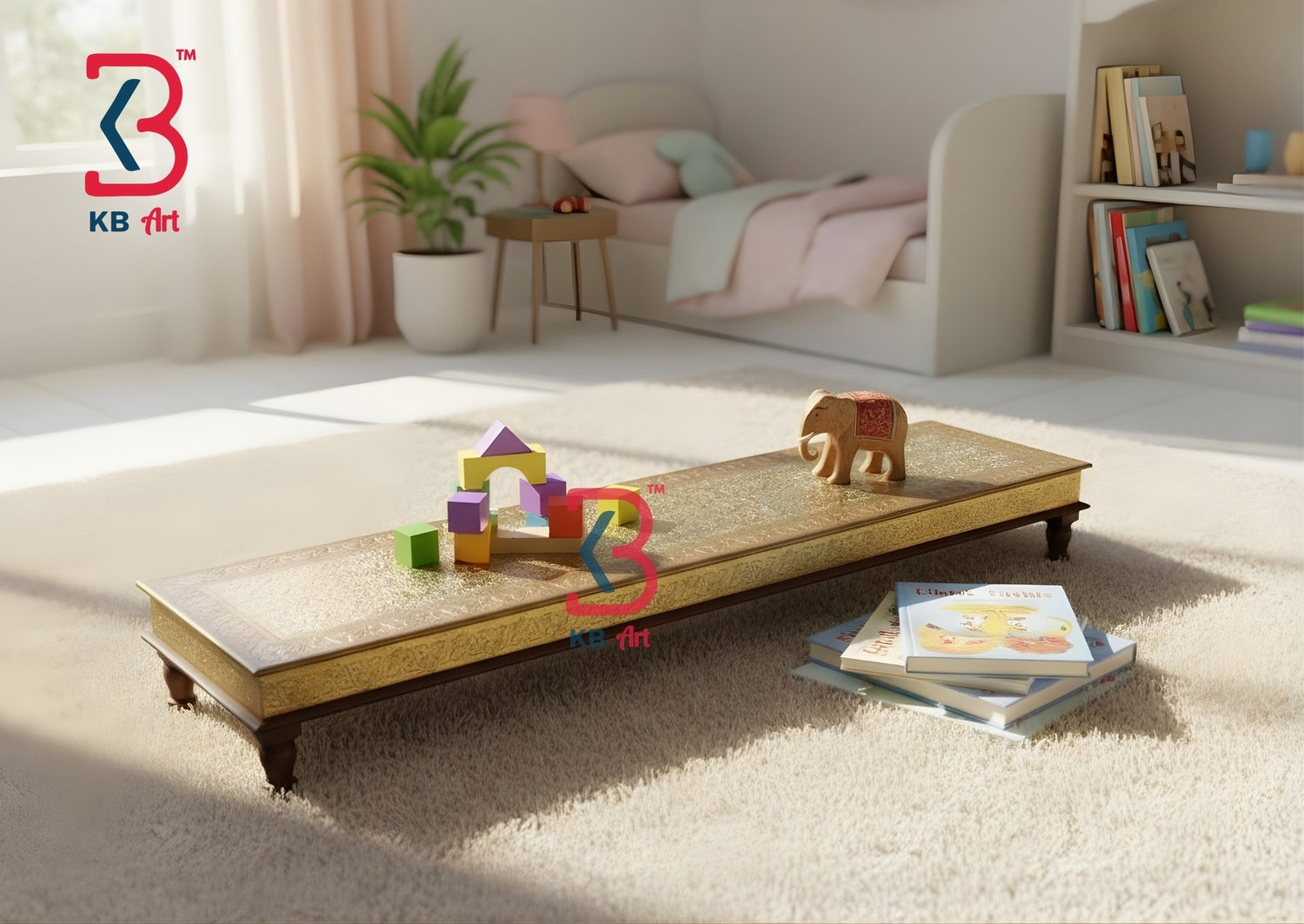 Children's play area with colorful blocks and a toy elephant on a wooden table in a bright room.