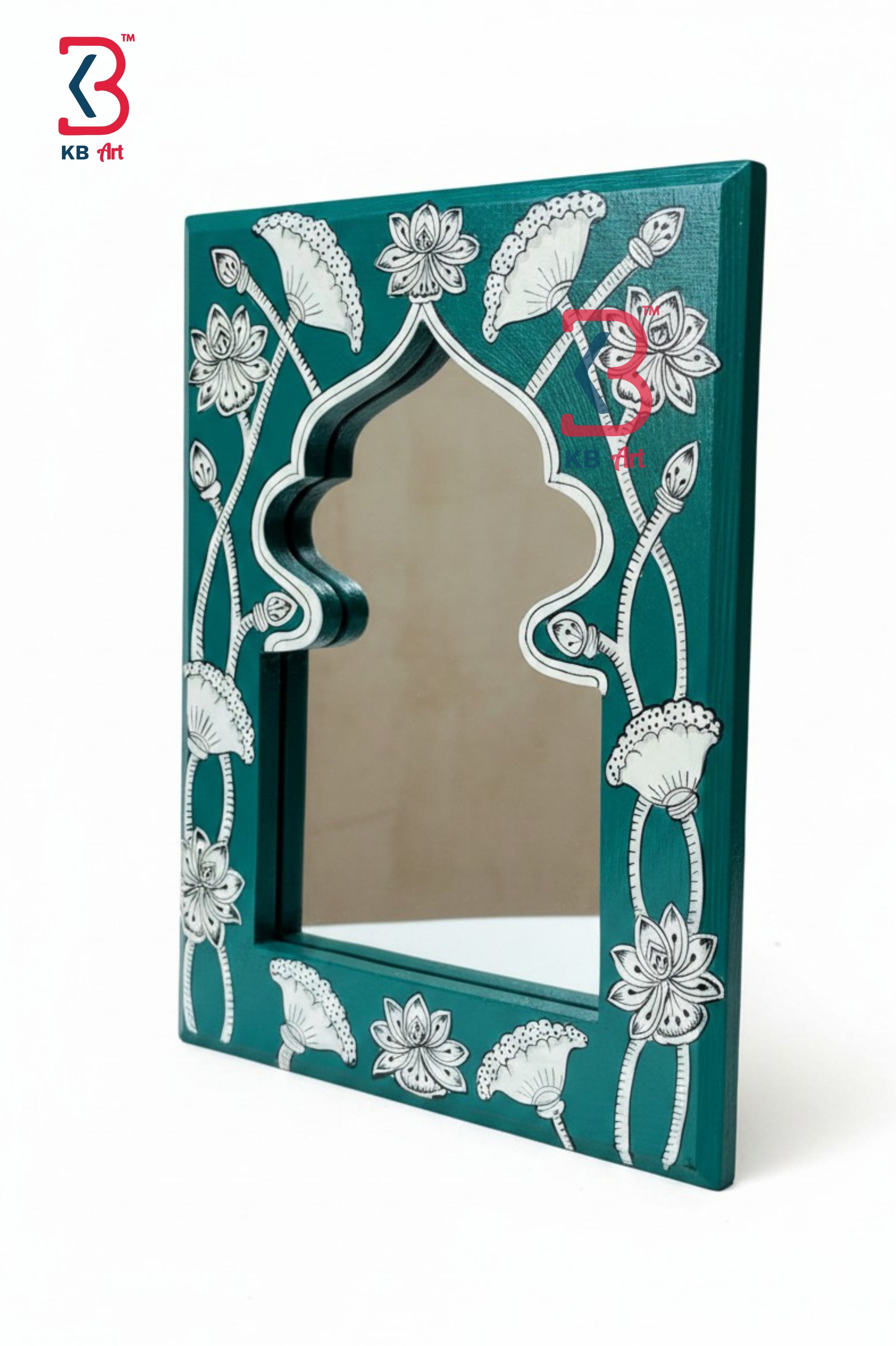 KB ART Teal Lotus Jharokha Mirror - Front View of Handcrafted Detailing - Handcrafted Wooden Decor Jodhpur