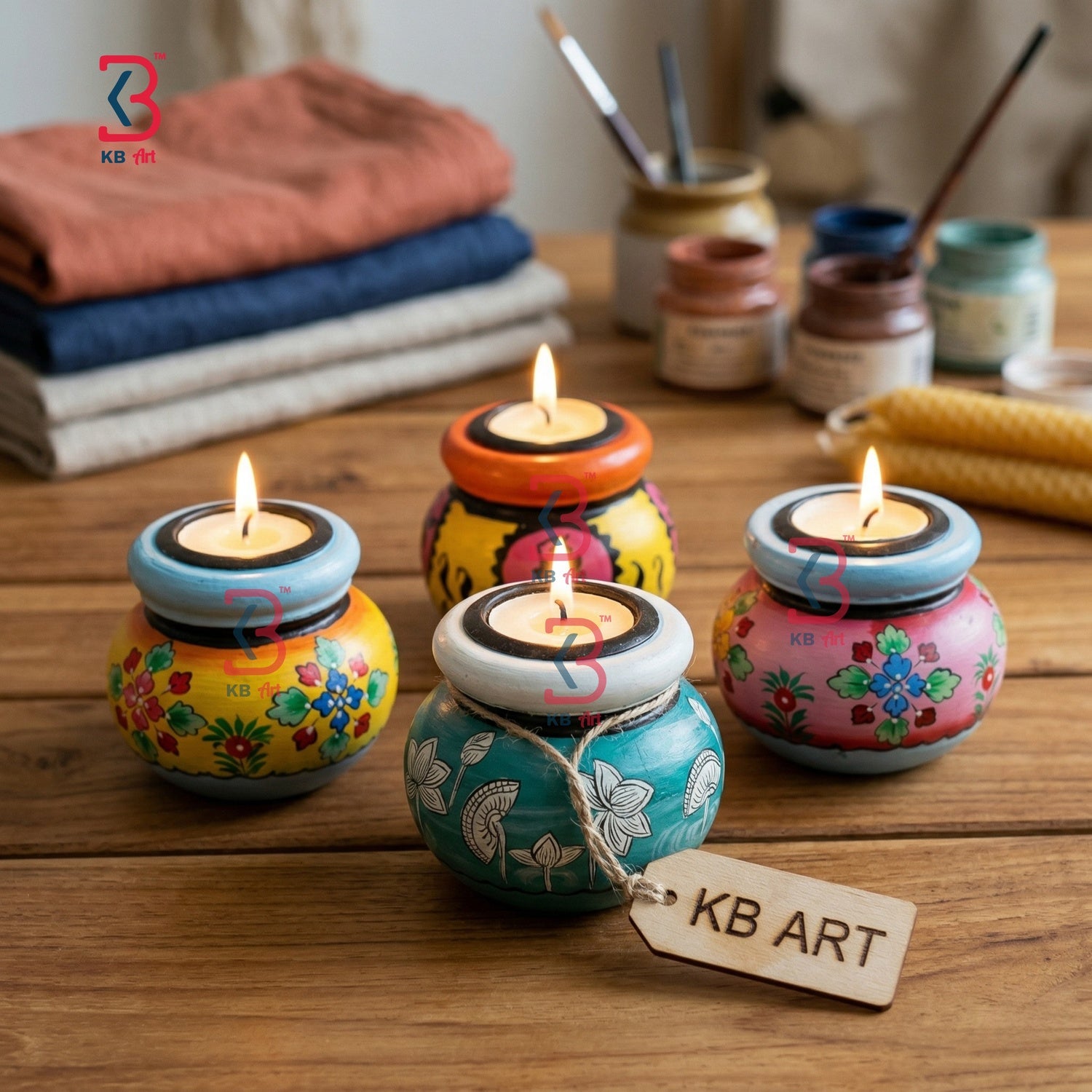 KB ART Wooden Round Matki Tlight Holder - Side Angle Showing Finish and Craftsmanship - Handcrafted Wooden Decor Jodhpur