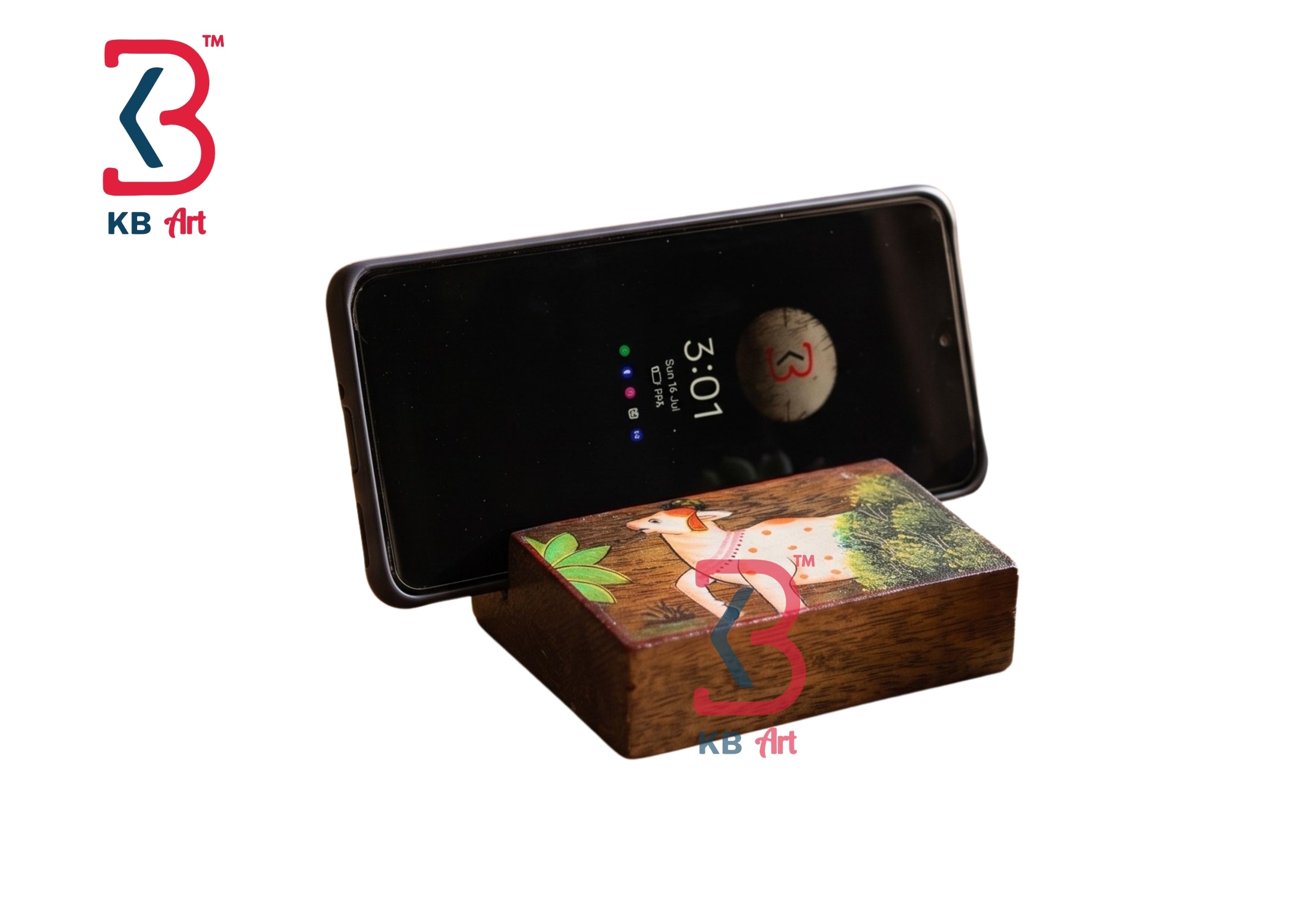 KB ART Hand Painted Wooden Mobile Stand Cow Art - Front View of Handcrafted Detailing - Handcrafted Wooden Decor Jodhpur