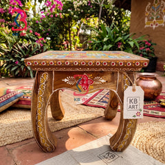 KB ART Hand-Painted Decorative Wooden Stool with Floral Ceramic Tile Top – Jodhpur Artisan Accent Seating Decor