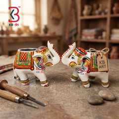 KB ART Elephant Wooden Tlight Holder Set - Close-Up of Hand-Carved Artisan Texture - Handcrafted Wooden Decor Jodhpur