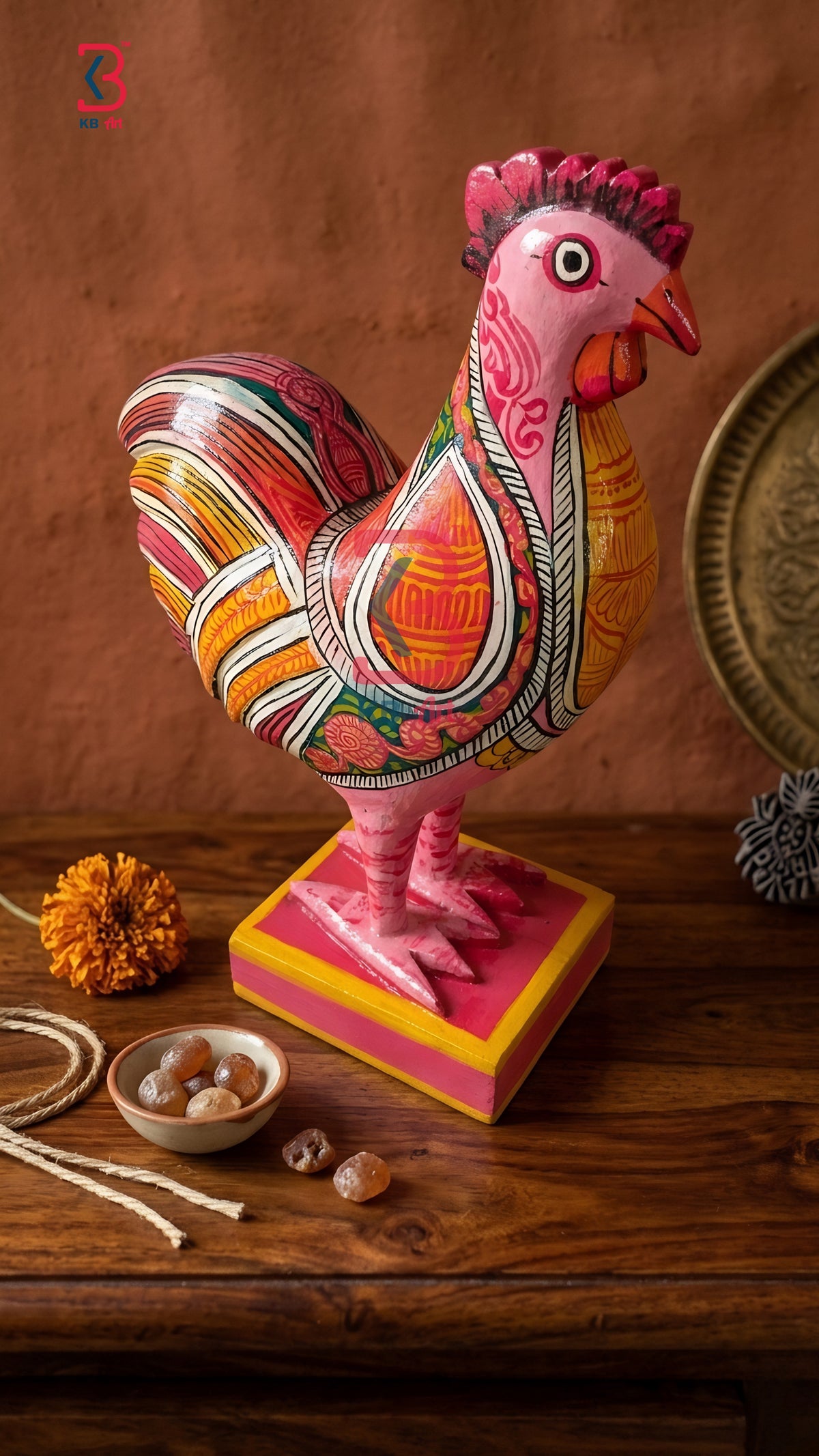 KB ART Pink Rooster Wooden Sculpture - Styled Display in Home Interior Setting - Handcrafted Wooden Decor Jodhpur