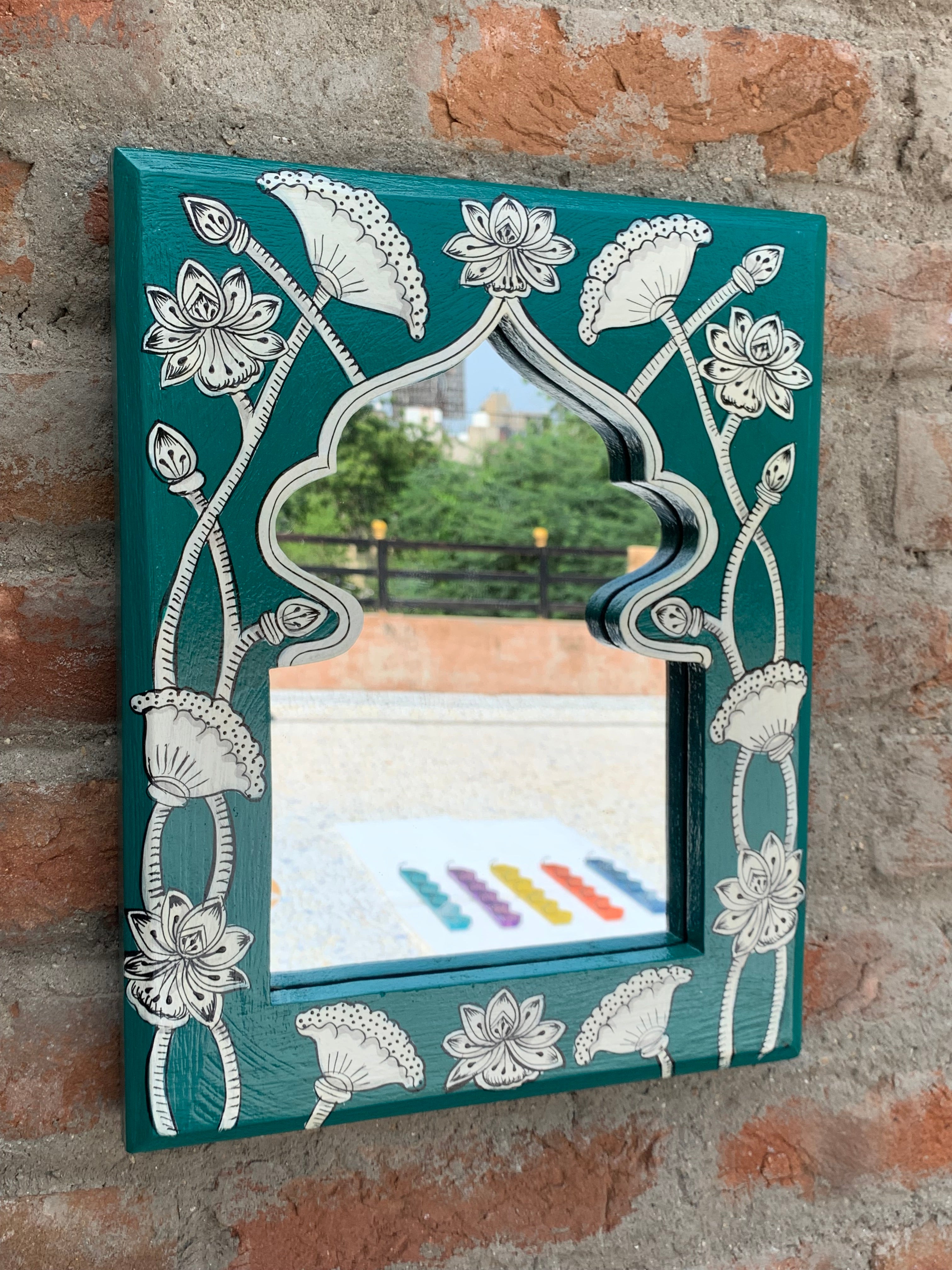 KB ART Teal Lotus Jharokha Mirror - Back View Highlighting Build Quality - Handcrafted Wooden Decor Jodhpur