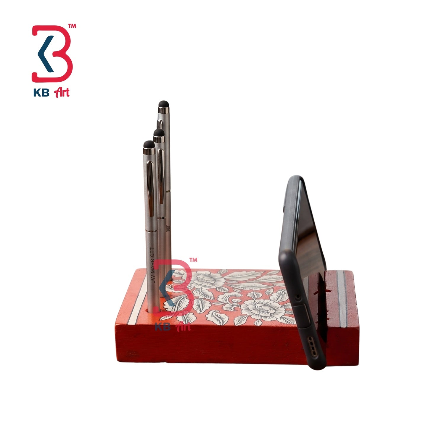 KB ART Red Floral Mobile Pen Stand Desk Organizer - Complete Product View on Plain Background - Handcrafted Wooden Decor Jodhpur