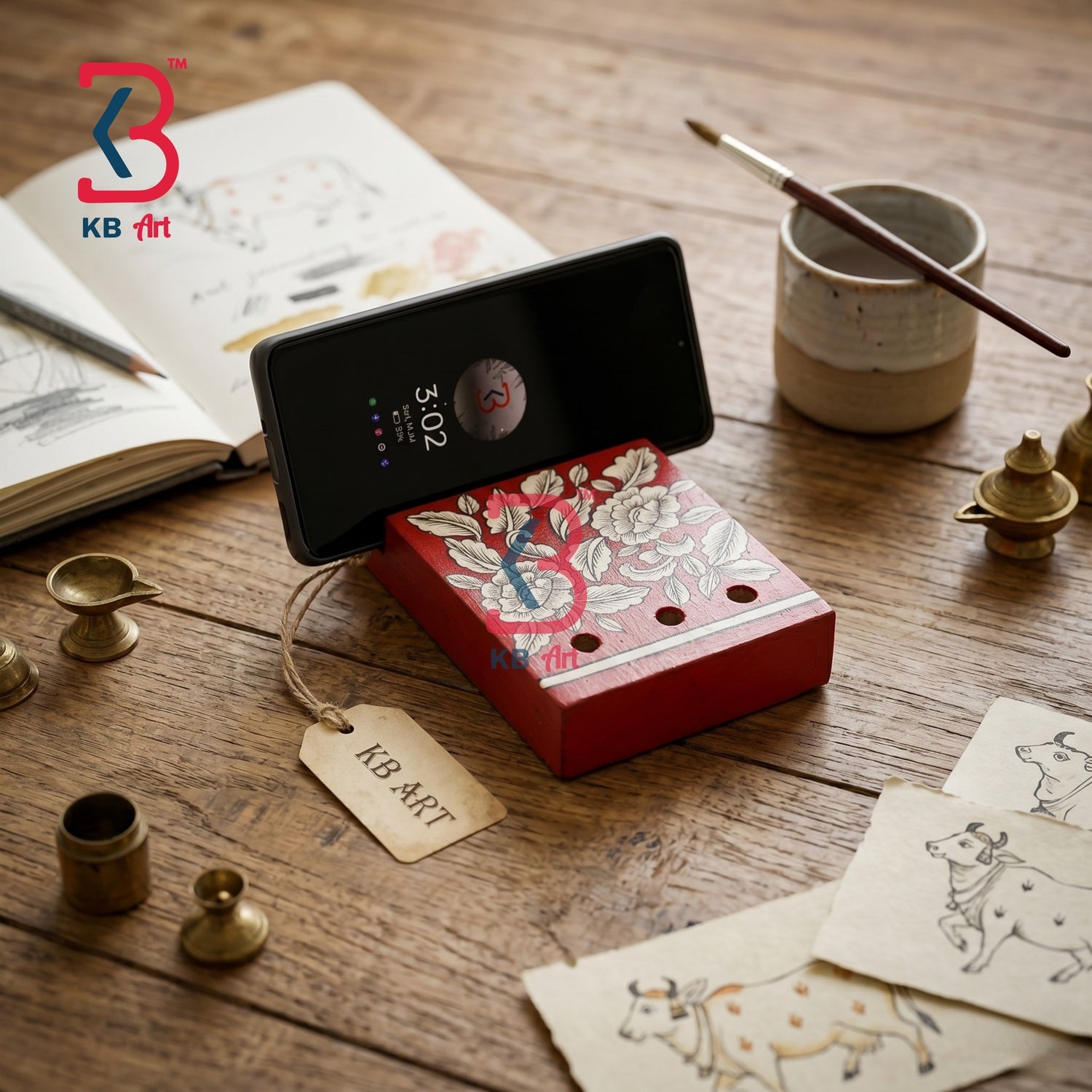 KB ART Red Floral Mobile Pen Stand Desk Organizer - Styled Display in Home Interior Setting - Handcrafted Wooden Decor Jodhpur