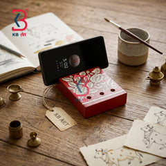 KB ART Red Floral Mobile Pen Stand Desk Organizer - Styled Display in Home Interior Setting - Handcrafted Wooden Decor Jodhpur
