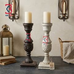 KB ART Wooden Carved Pillar Candle Stand Set - Front View of Handcrafted Detailing - Handcrafted Wooden Decor Jodhpur
