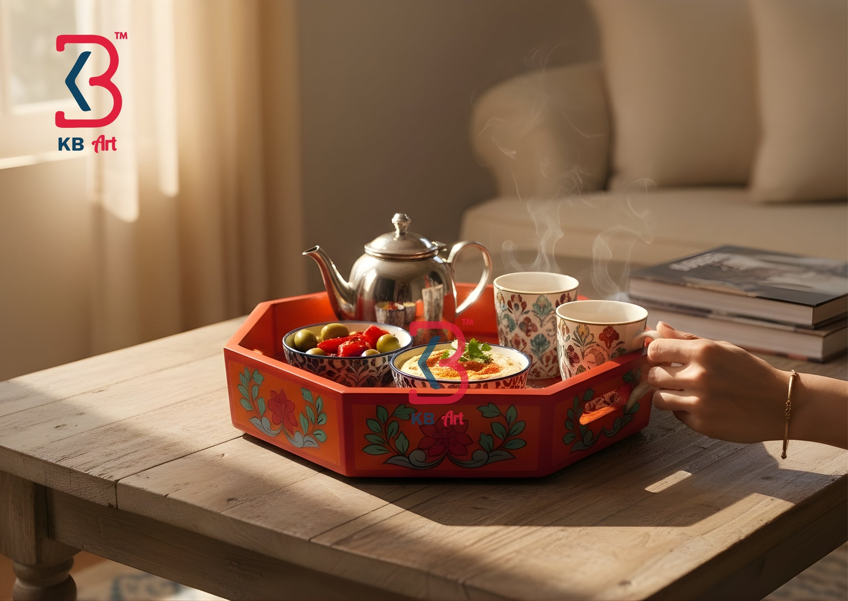 KB ART Orange Floral Octagonal Wooden Serving Tray - Styled Display in Home Interior Setting - Handcrafted Wooden Decor Jodhpur