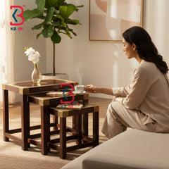 Woman sitting on a couch in a living room with a wooden side table and KBirlt logo.