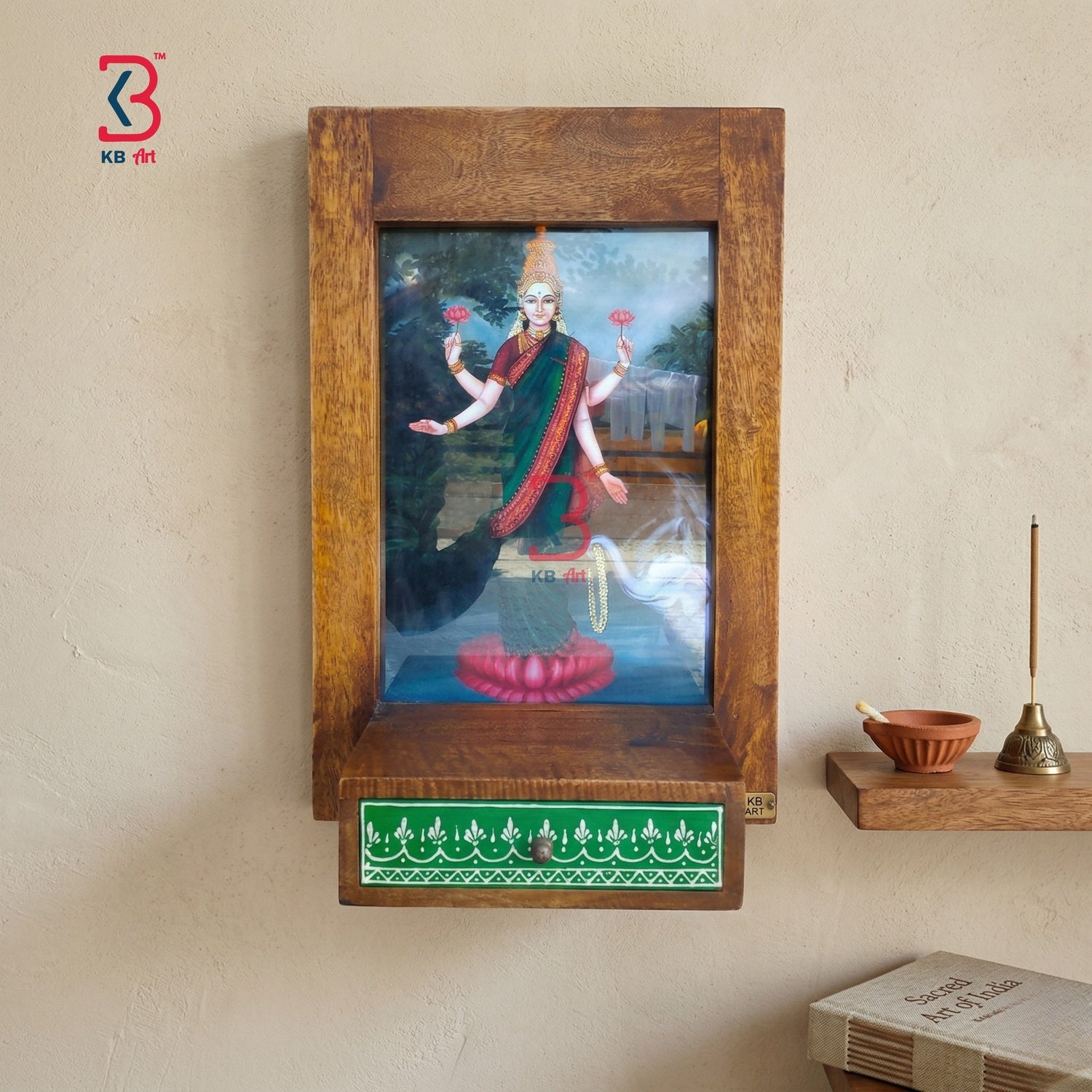KB ART Laxmi Ji Photo Shelf - Close-Up of Hand-Carved Artisan Texture - Handcrafted Wooden Decor Jodhpur