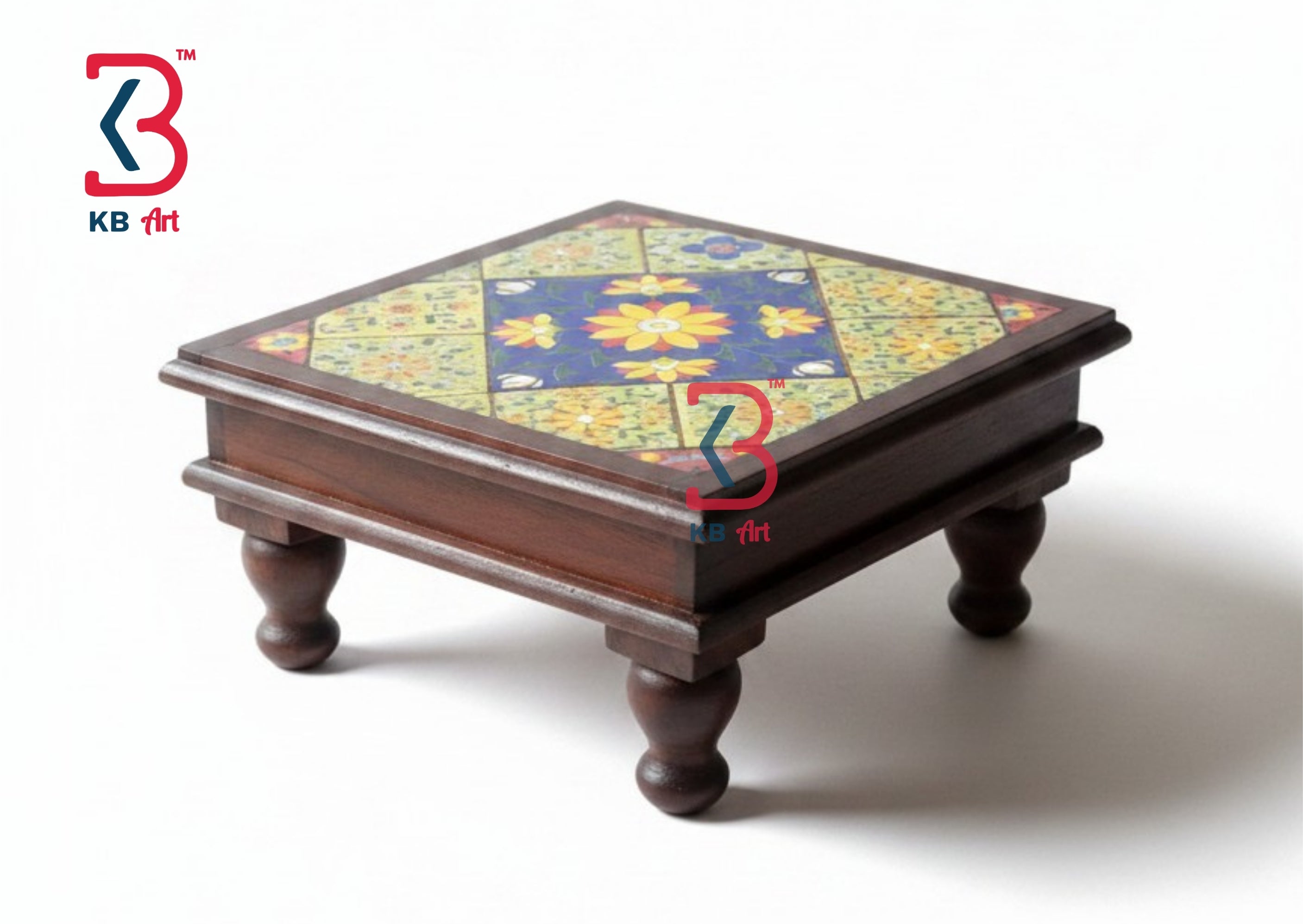 A square wooden low table or ottoman with turned legs and a colorful mosaic tile top, shown on a white background with a KB Art logo watermark.