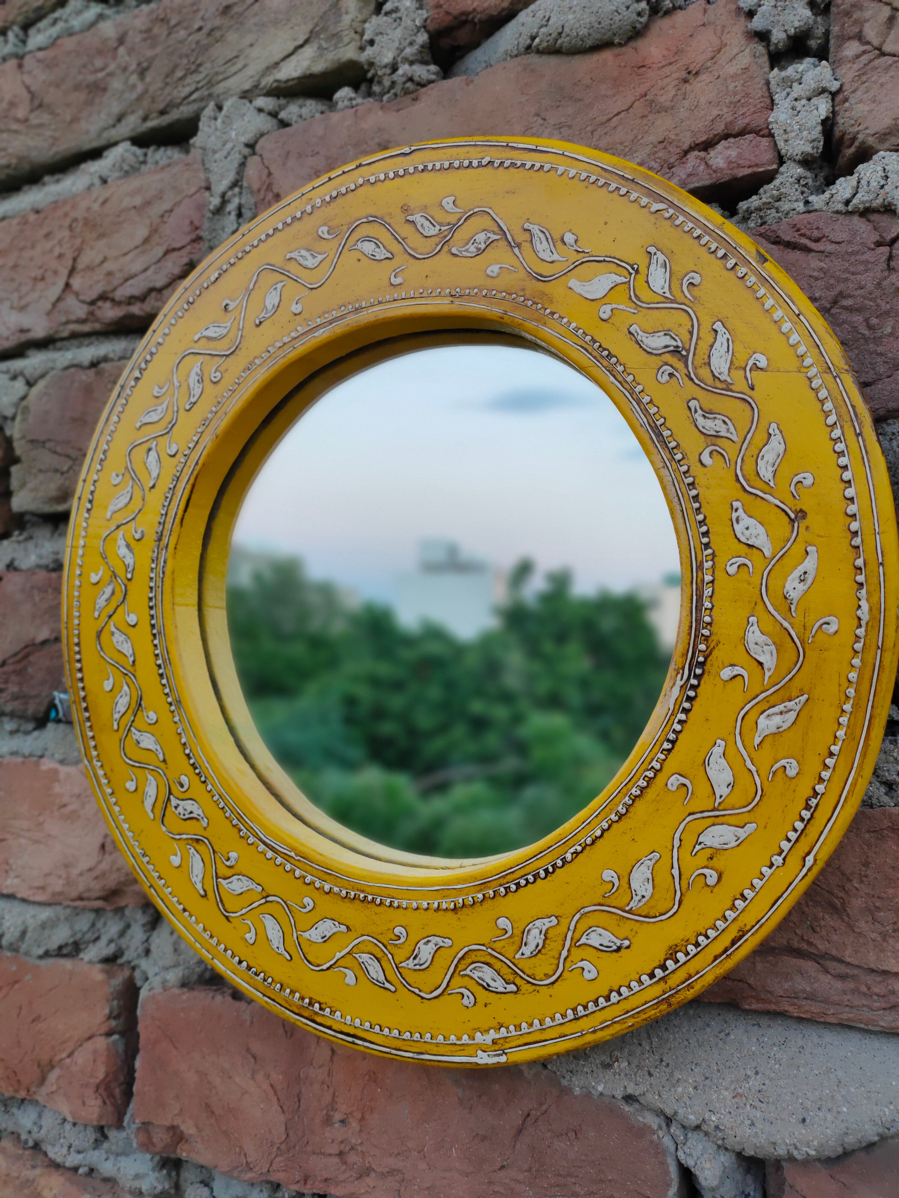 KB ART Wooden Round Yellow Mirror - Back View Highlighting Build Quality - Handcrafted Wooden Decor Jodhpur