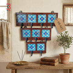 KB ART Hand-Painted Ceramic Tile Wooden Wall Hooks and Key Holder Set of 4 – Handcrafted Rajasthani Entryway Organizer Decor