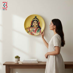 Handpainted Wooden Wall Plate of Radha Rani Playing Bansuri – 12 Inch Indian Wall Decor