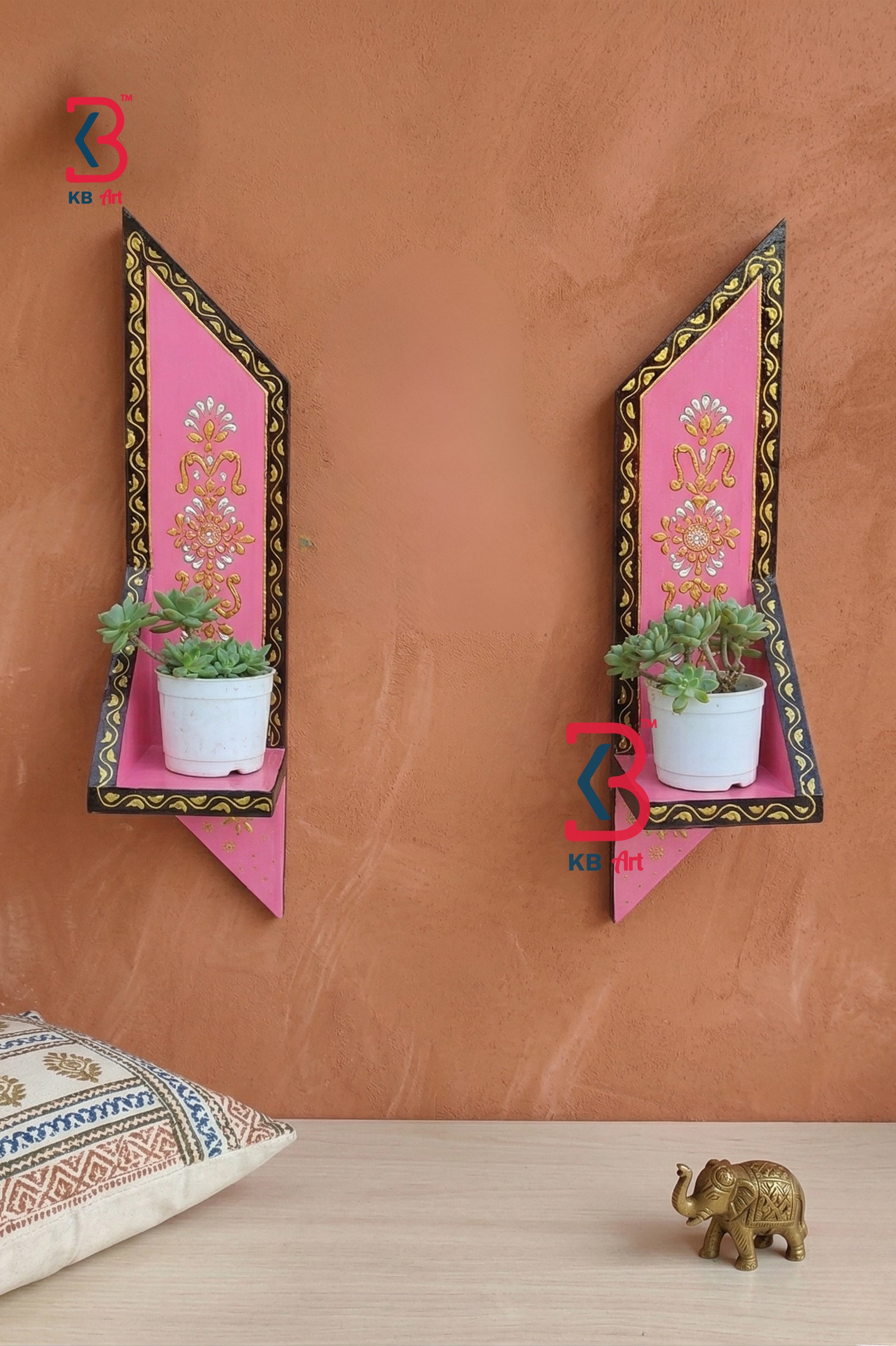 KB ART Pink Hand Painted Wall Shelves Set - Styled Display in Home Interior Setting - Handcrafted Wooden Decor Jodhpur