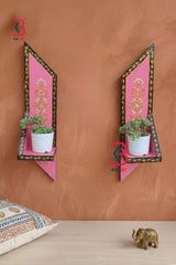 KB ART Pink Hand Painted Wall Shelves Set - Styled Display in Home Interior Setting - Handcrafted Wooden Decor Jodhpur