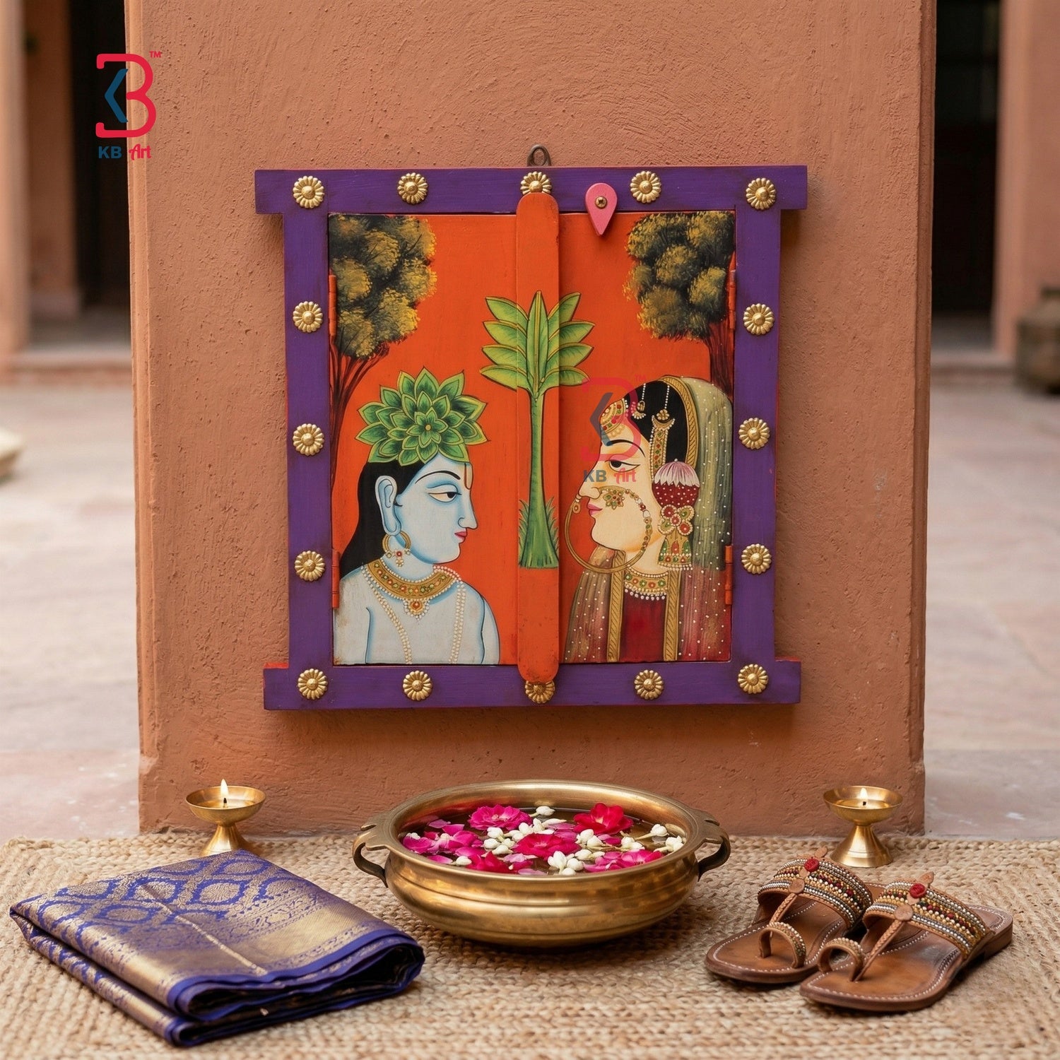 KB ART Wooden Pichwai Radha Krishna Window Mirror - Complete Product View on Plain Background - Handcrafted Wooden Decor Jodhpur