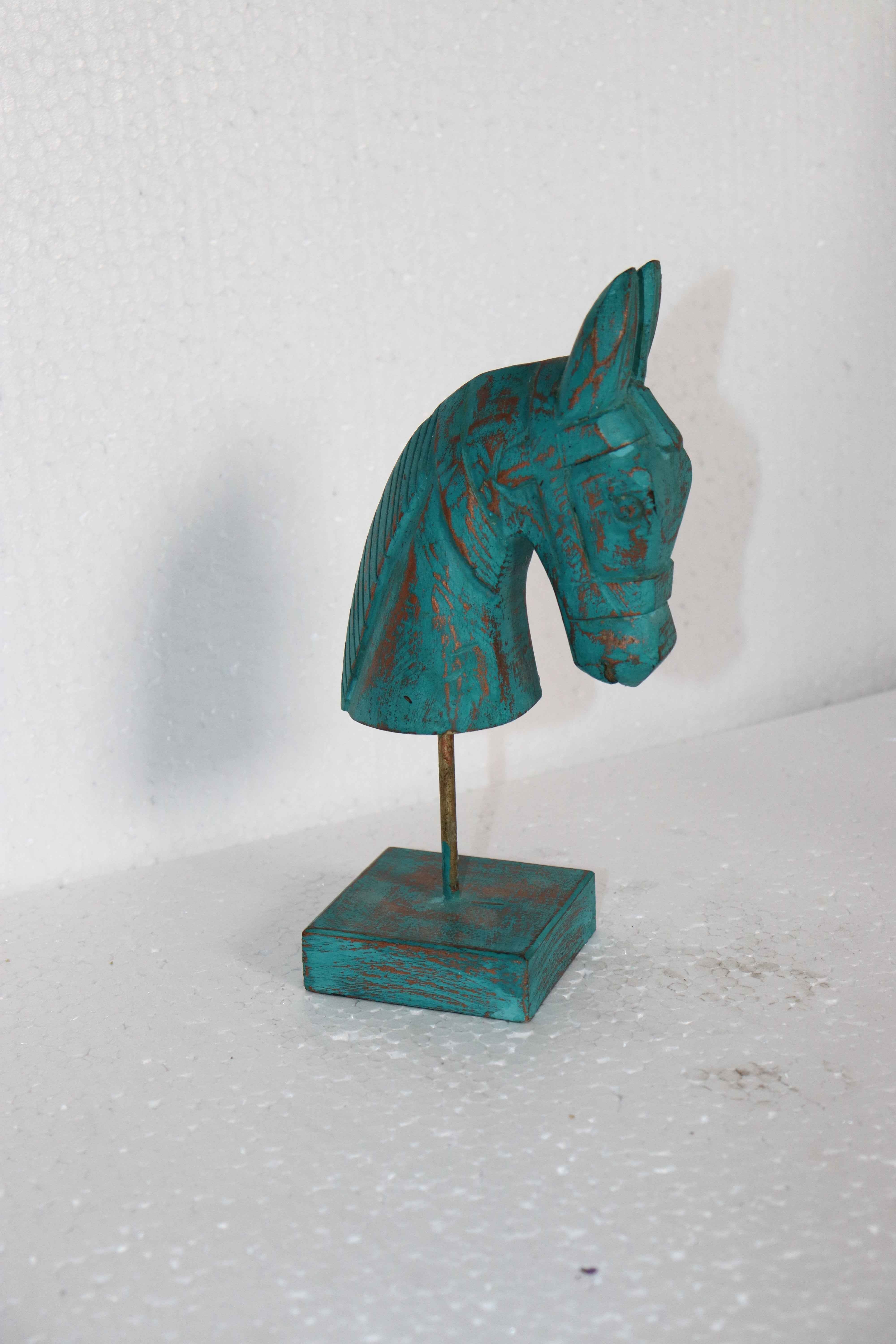 KB ART 11 Inch Wooden Handcarved Half Horse Head Statue with Stand –  Turquoise Distress Antique Look Table Decor with Gold Touch