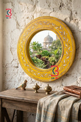KB ART Wooden Round Yellow Mirror - Close-Up of Hand-Carved Artisan Texture - Handcrafted Wooden Decor Jodhpur