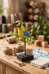 KB ART traditional hand-painted yellow and blue wooden bird on a black metal stand, styled on an artisan workshop table with craft spools and an authentic brand tag.